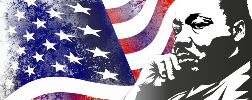 Illustration of Martin Luther King Jr. with an American flag background.