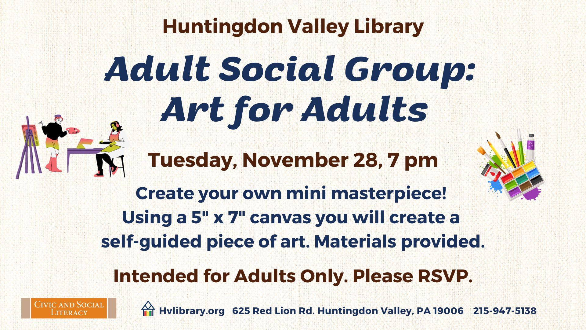 Adult Social Group: Art for Adults, Tues., Nov. 28, 7 pm