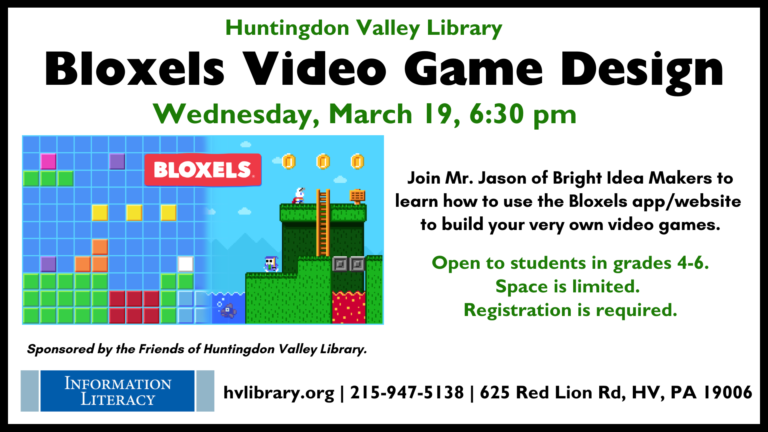 Bloxels Video Game Design, Wed., March 19, 6:30 pm – Huntingdon Valley ...