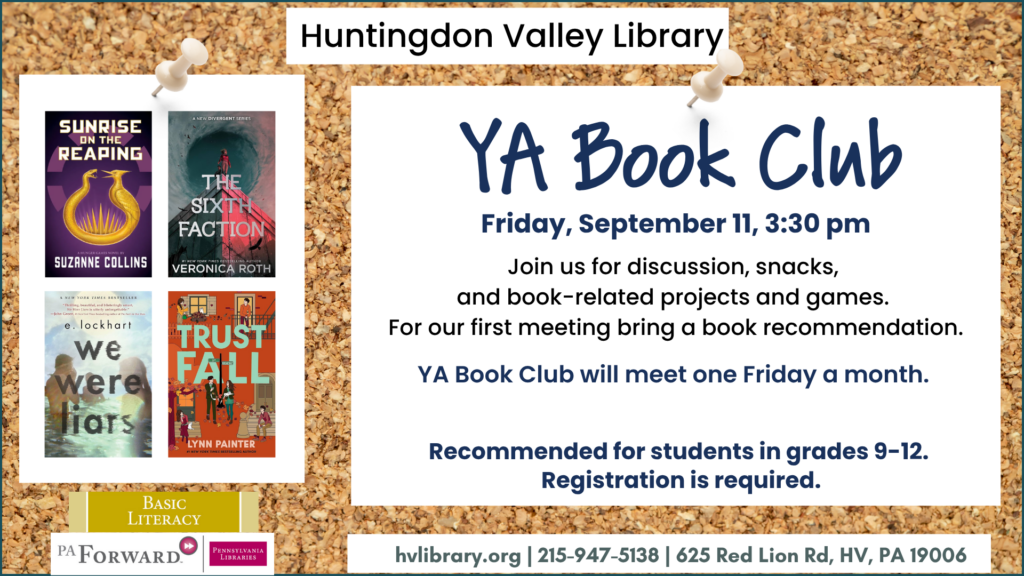Young Adult Book Club, Friday, September 11 at 3:30 pm. For students in grades 9-12.